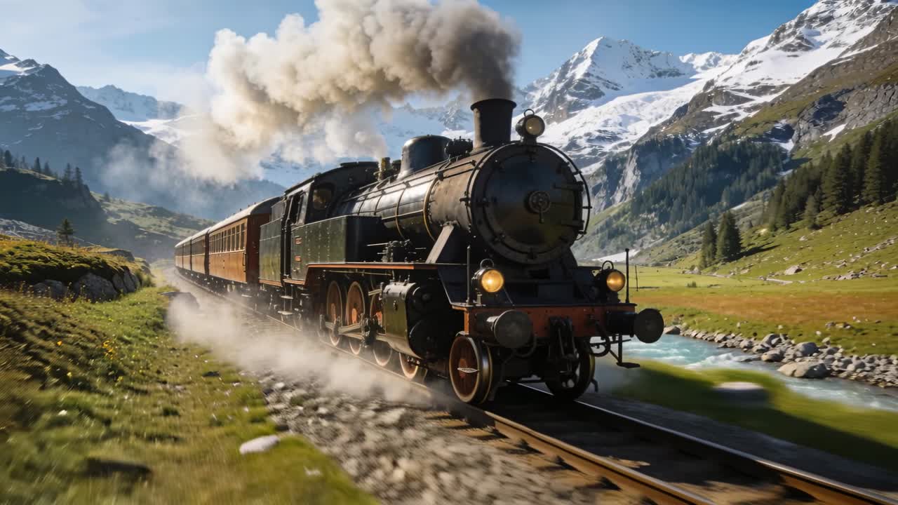 Fra venstre nærmer sig et vintage damplokomotiv, der puffer langs alpeskinne, ryger og trækker trævogne.