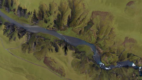 aerial: rising top down view of fjadrargljufur canyon in iceland