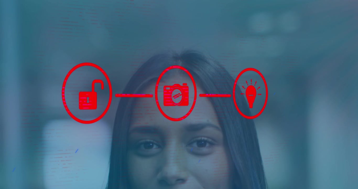 Young Woman With Digital Interface Icons Overlaid on Face
