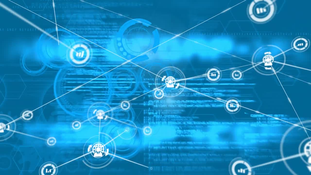 animación de la red de conexiones con iconos y procesamiento de datos