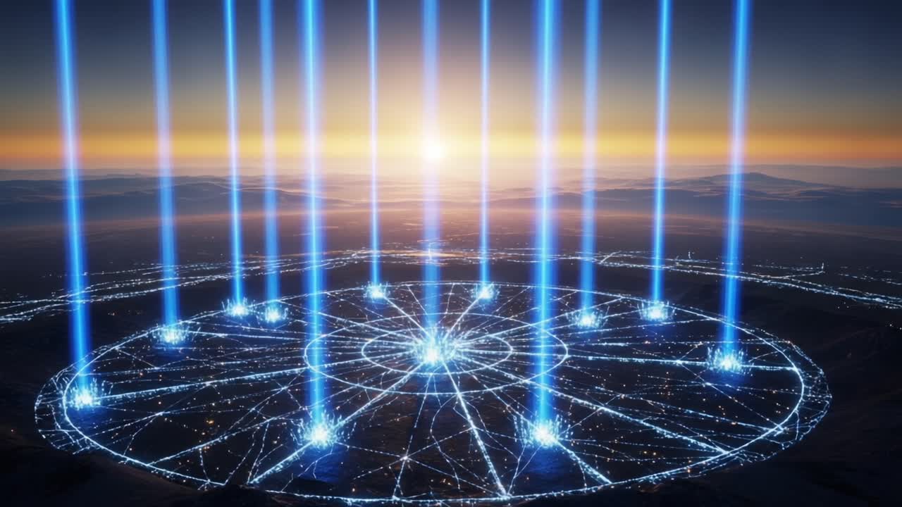 A Stunning Visual of Radiant Beams Emanating from a Geometric Pattern at Dawn, Creating a Breathtaking Sight as the Sun Rises Over the Horizon