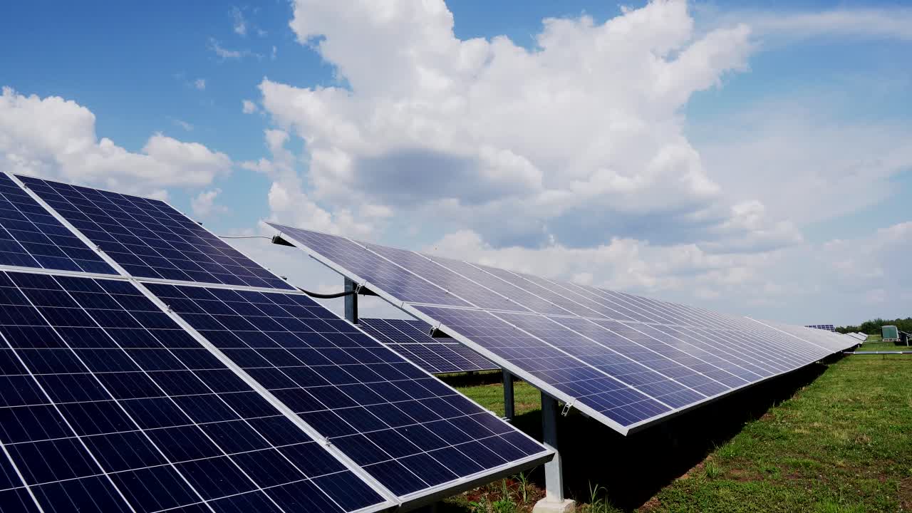 Row photovoltaic infrared solar panels. Sun renewable energy. Thin film ...