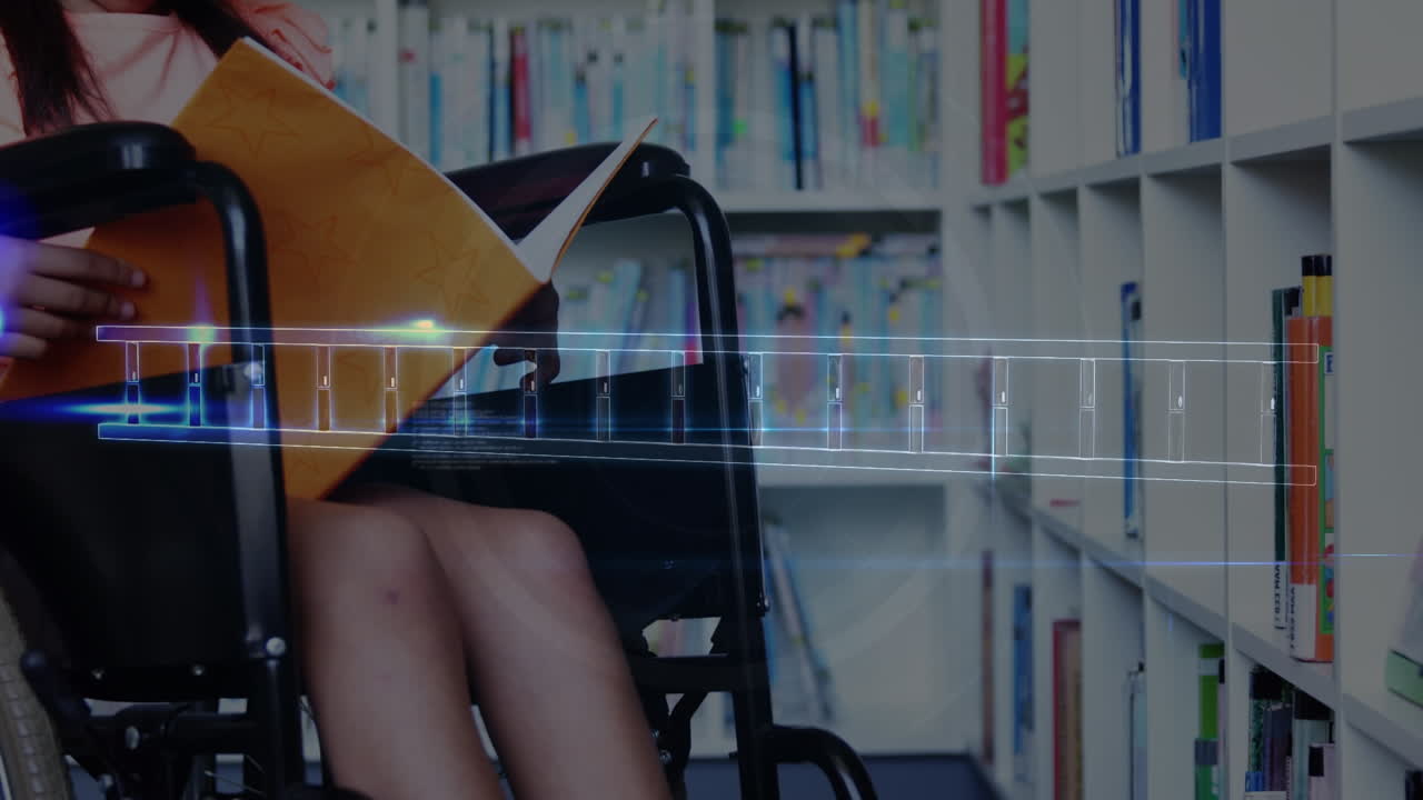 animación de una cadena de adn sobre una colegiala caucásica discapacitada que aprende en la biblioteca