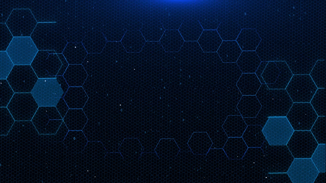 Esagoni blu digitali futuristici, sfondo per affari e scienza, ricerca medica, innovazione tecnologica online.