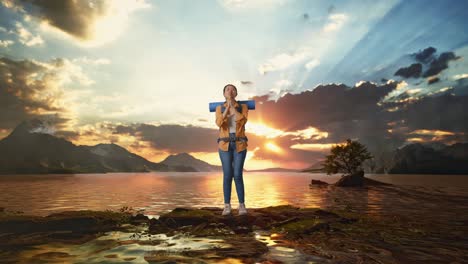 cuerpo lleno de excursionista femenina asiática con mochila de montañismo rezar por algo mientras está de pie en un lago durante la hora del atardecer