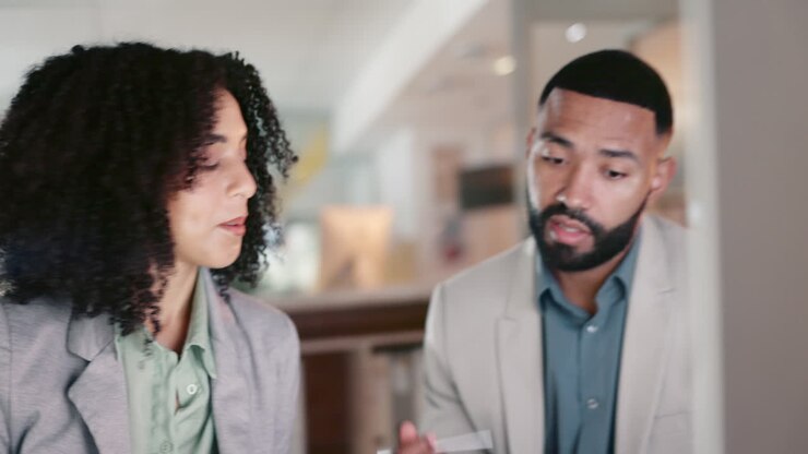 Business people, teamwork and tablet