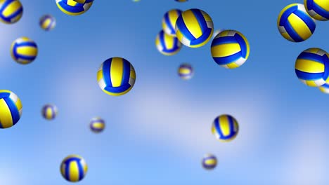 multiple volleyballs descending against a blue sky