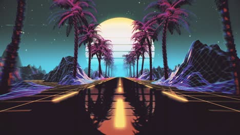 80s retro futuristic sci-fi seamless loop. vj landscape with neon lights