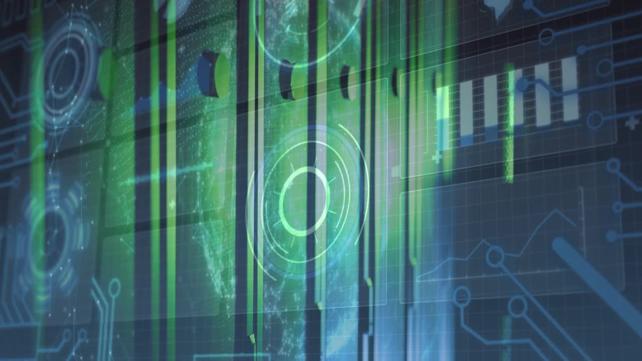 Faint green bars lighting, central HUD rings pulsing and overlays sharpening, visualizing data scan