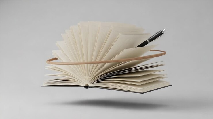 Una scena affascinante di un libro aperto con una penna e una fascia circolare, sospesi a mezz'aria, che illustra la creatività, la conoscenza e l'immaginazione nell'esplorazione letteraria