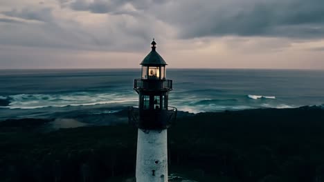 lighthouse stands tall on the coast, its beacon cutting through the darkness and illuminating the crashing waves below, creating a dramatic and atmospheric scene at dusk