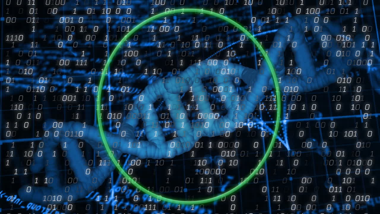 DNA strand with binary coding, processing scientific data in animation style
