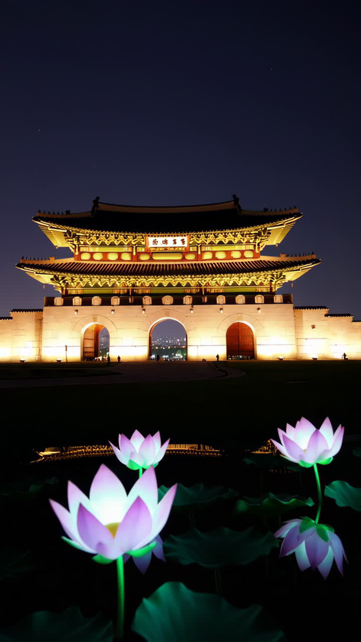 Gyeongbokgung Palace at Night with Lotus Decorations