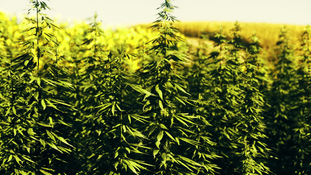 Vibrant green fields of hemp sway under a golden afternoon sun