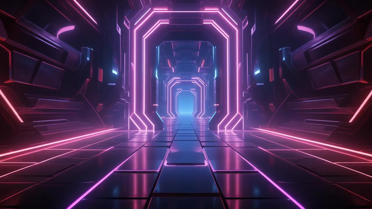 Corridoio fantascientifico futuristico con luci neon rosa e blu incandescenti.