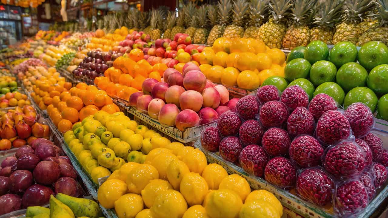 Una vivace esposizione di frutta fresca con ananas, mele, arance, limoni e altro ancora in un colorato contesto di mercato