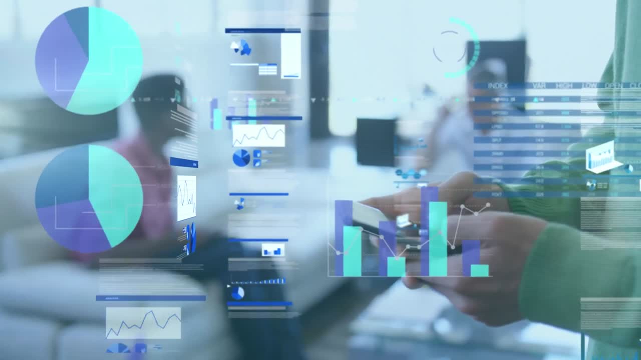 Animation of statistical data processing over mid section of a man using smartphone at office