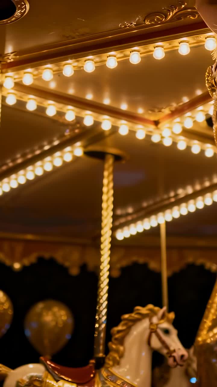 Vertical video: Rotating ride showing white horse on pole at fair, with bulbs, balloons, copy space