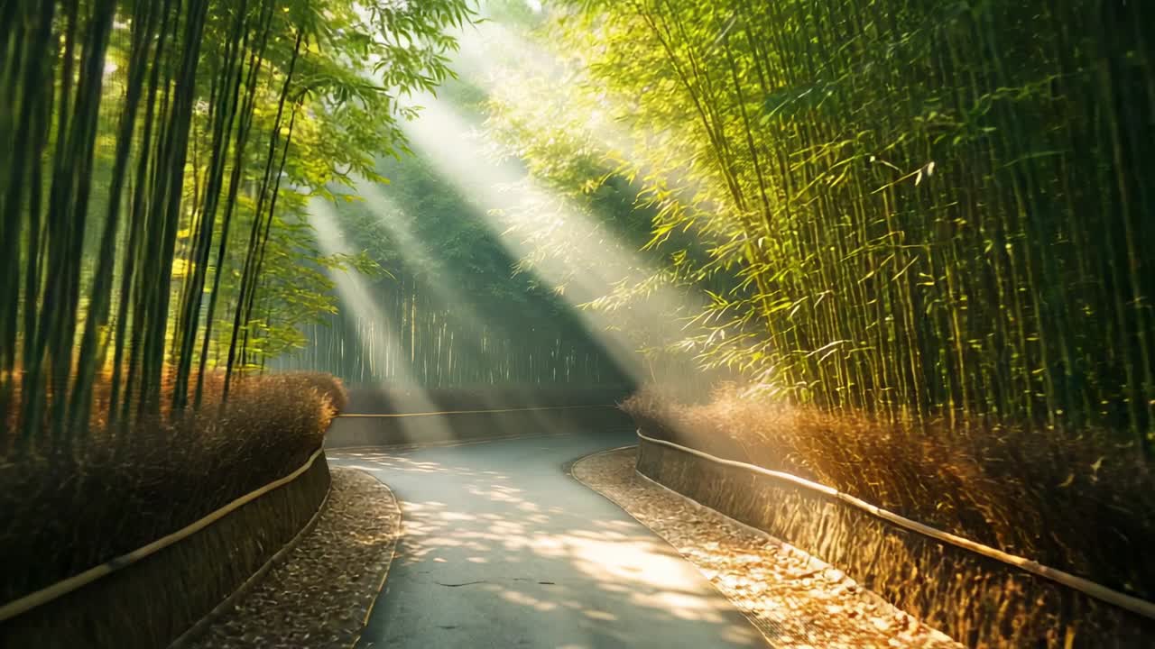 Camera moving in bamboo grove on paved path, shifting sunbeams across railings and dried grasses