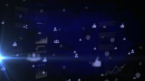 Animation-of-connected-icons,-graphs,-map-and-data-with-lens-flare-against-blue-background