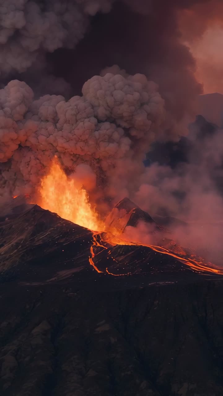 Video verticale: Magma che sale da una bocca eruttiva, inviando colate di lava che alimentano un pennacchio di cenere lungo il fianco vulcanico.