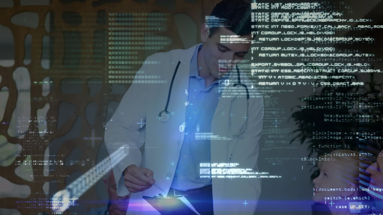 Animation of data processing with light trails over diverse doctor and patients
