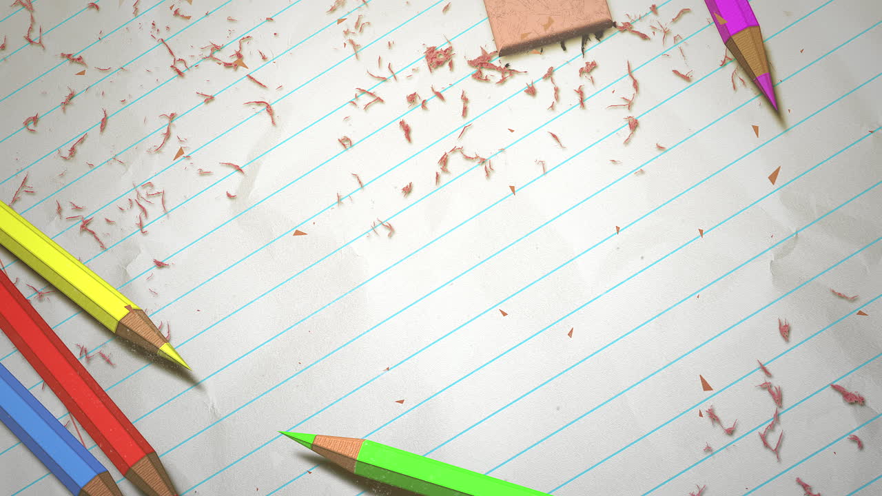 학교 배경으로 종이에 근접 촬영 다채로운 연필