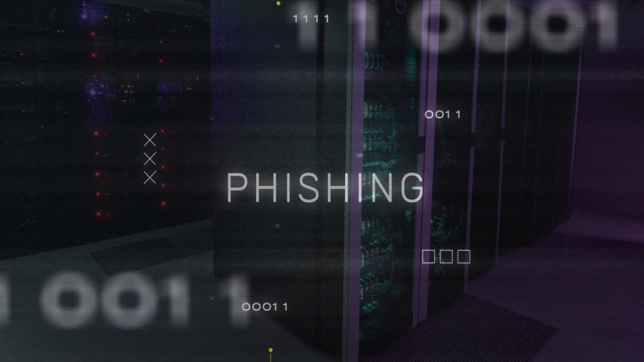 Animazione di testo di phishing con motivo a circuito stampato su codici binari sullo sfondo di una sala server
