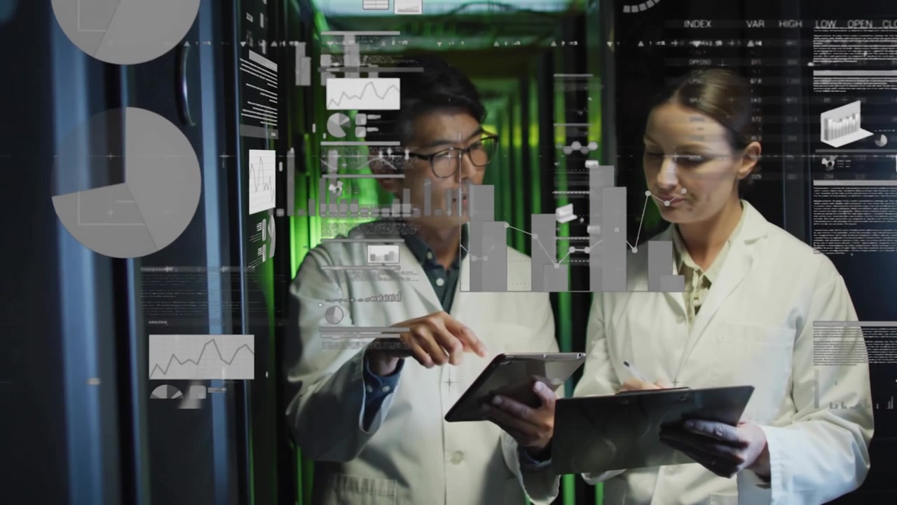 Animation of infographic interface over diverse workers discussing over laptop in server room