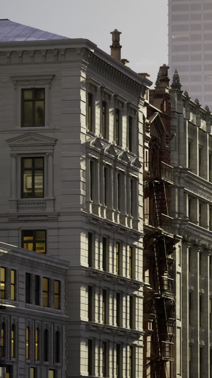 Il paesaggio urbano risplende dolcemente alla luce serale con architettura storica.