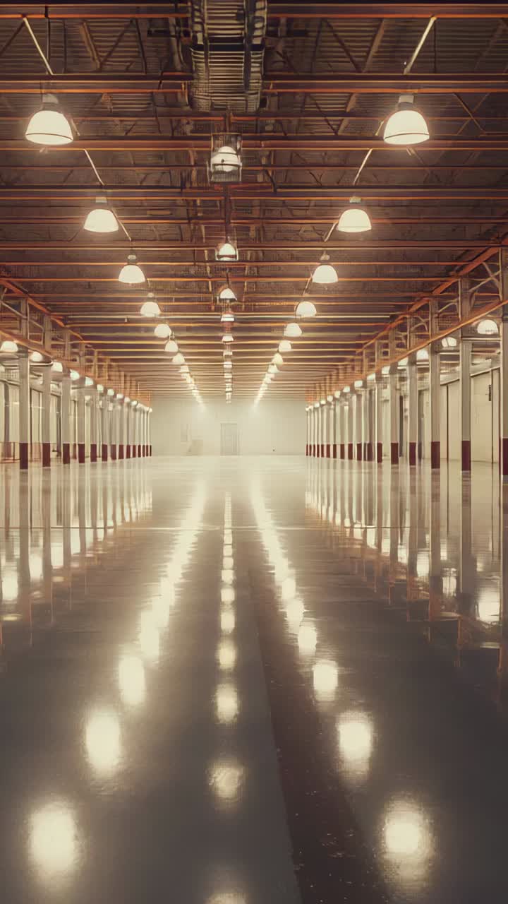 Vertical video: Moving camera revealing glossy floor and dome lights in empty depot, showing depth