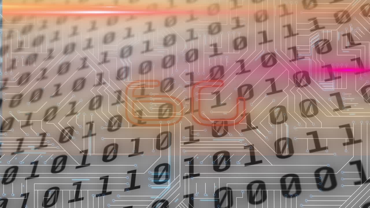 animación de texto de 6g, codificación binaria, procesamiento de datos sobre una placa de circuito de computadora brillante