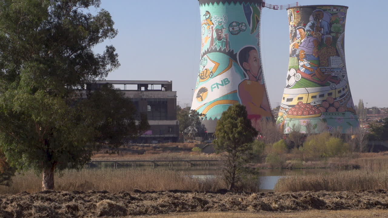 Landmark power station cooling towers of Orlando, Soweto with bungee jump.