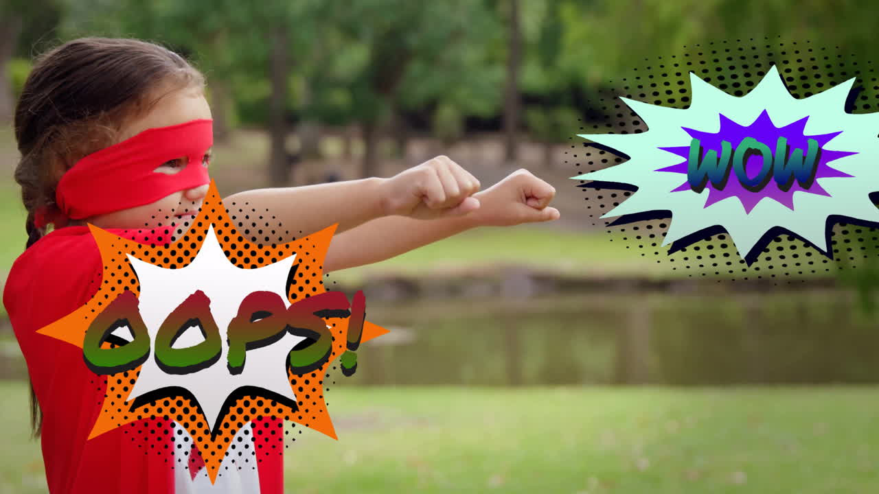 슈퍼히어로 의상을 입고, 우프와 함께 아이! 공원에서 와우 만화 텍스트 애니메이션