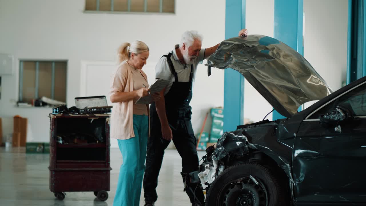 성인 여성 보험 회사 직원이 손상된 자동차를 수리하는 기계공을 방문합니다. 사고 된 차량의 손상을 평가하고 확인하십시오.