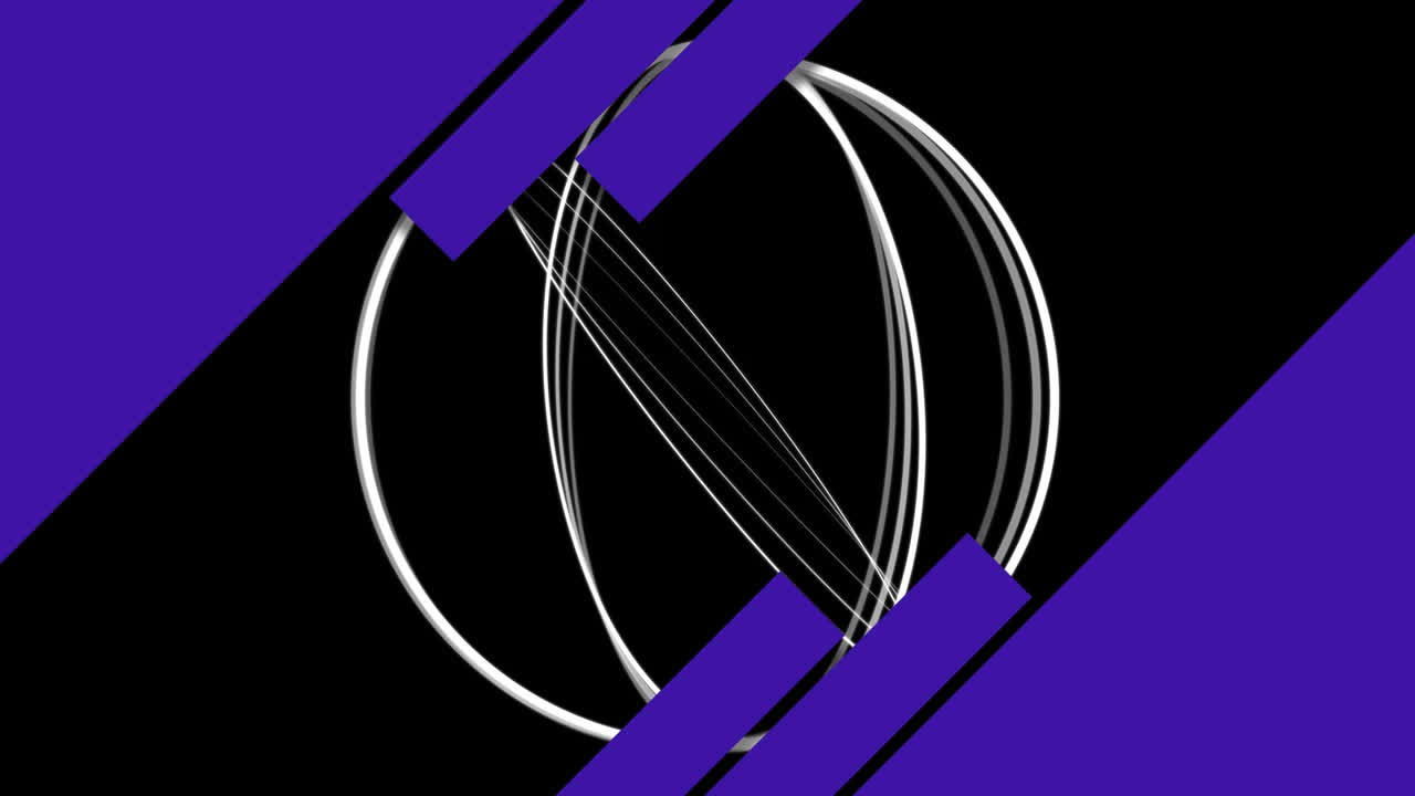 Animation of white rings rotating, with purple rectangles, on black background