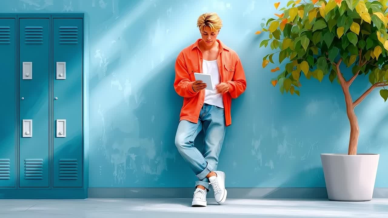 A man standing in front of a blue wall holding a tablet computer