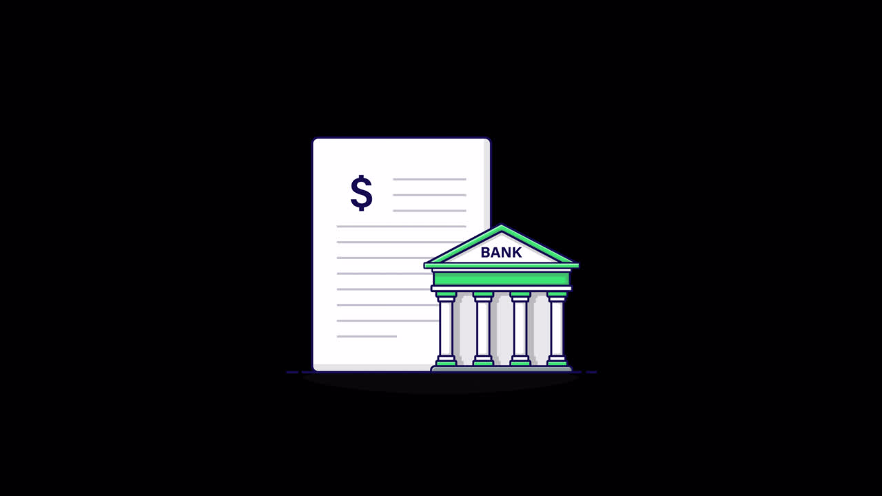 Illustrazione animata di documento finanziario e edificio bancario
