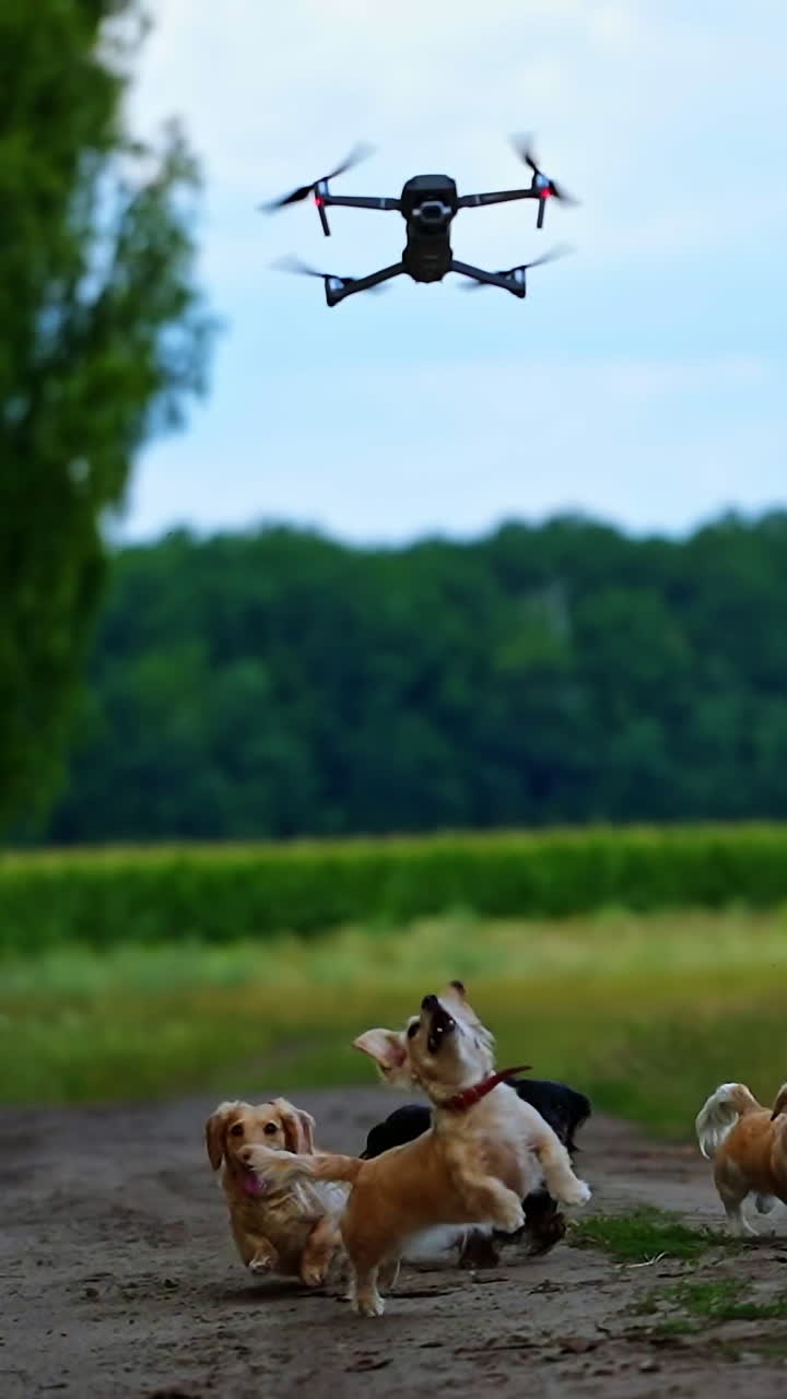 Group of dogs playing outdoors. Funny pet animals running on the road near the field and barking on the drone flying over them. Vertical video