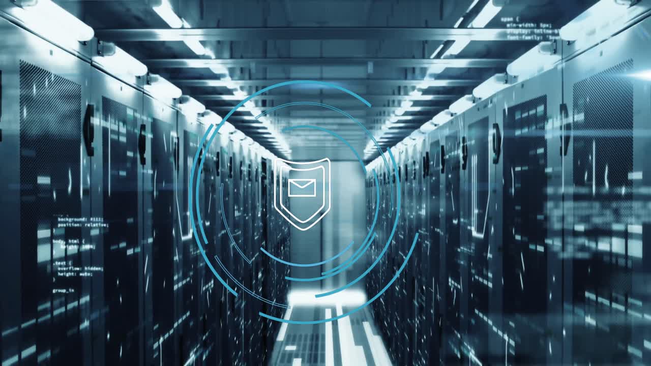 Animation of security sheild icon, mosaic sqaures and data processing against computer server room