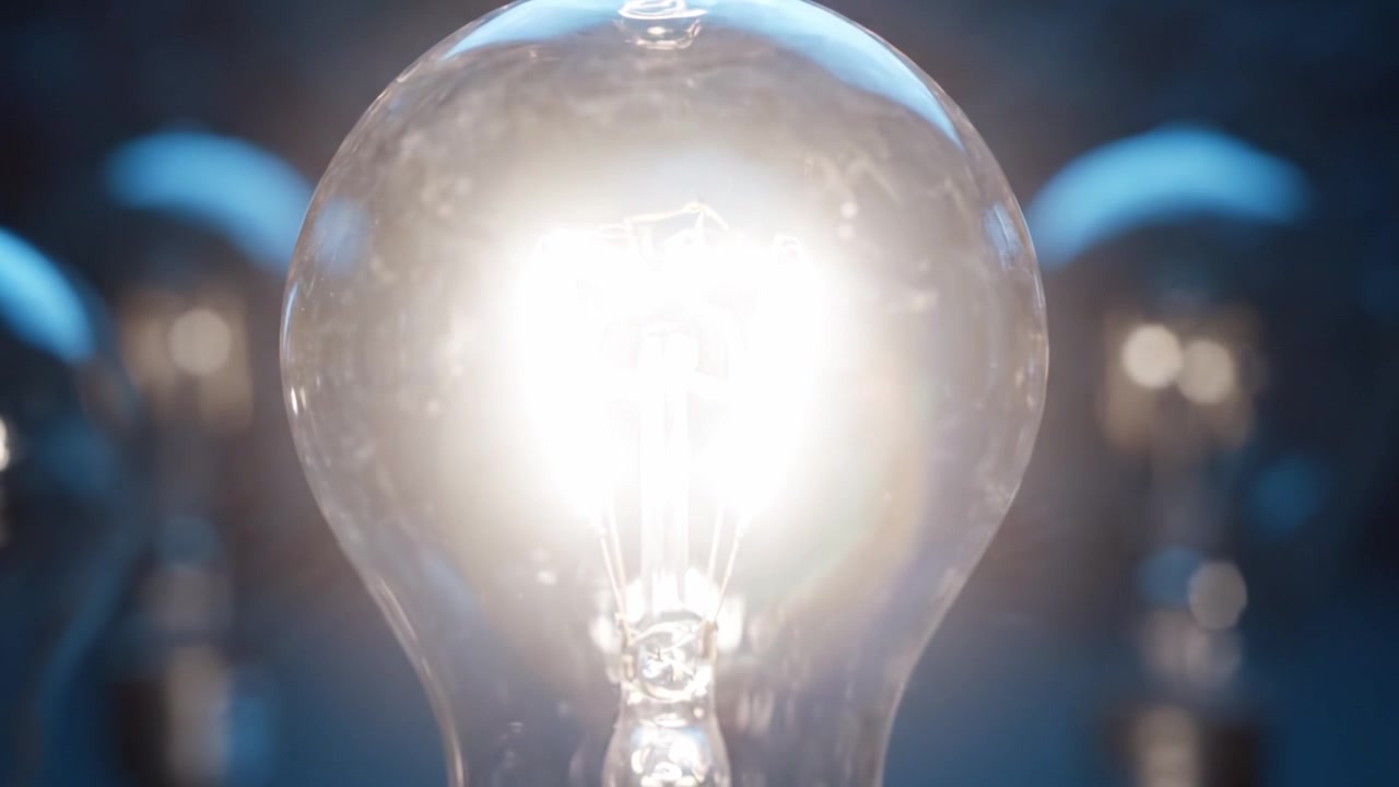 A Captivating Display of Lightbulbs: Illuminated Glass Shapes Create a Mesmerizing Atmosphere with Focused Emphasis on the Brightest Bulb in the Center