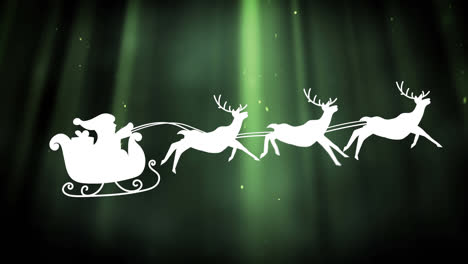 Animación-De-Papá-Noel-En-Trineo-Con-Renos-Sobre-Una-Luz-Verde-Brillante.