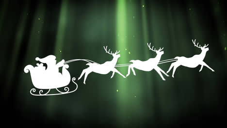 animation of santa claus in sleigh with reindeer over glowing green light