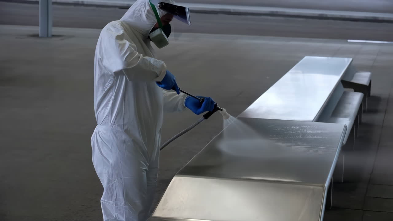 Worker in Protective Suit Cleaning Metal Surface