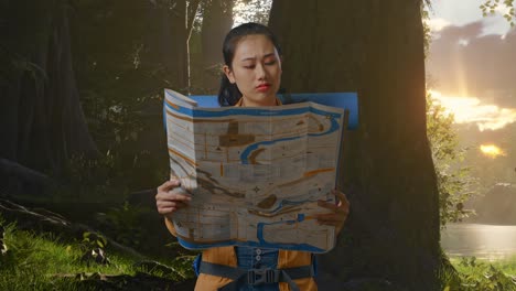 asian female hiker with mountaineering backpack looking at the map then looking around while exploring forest nature