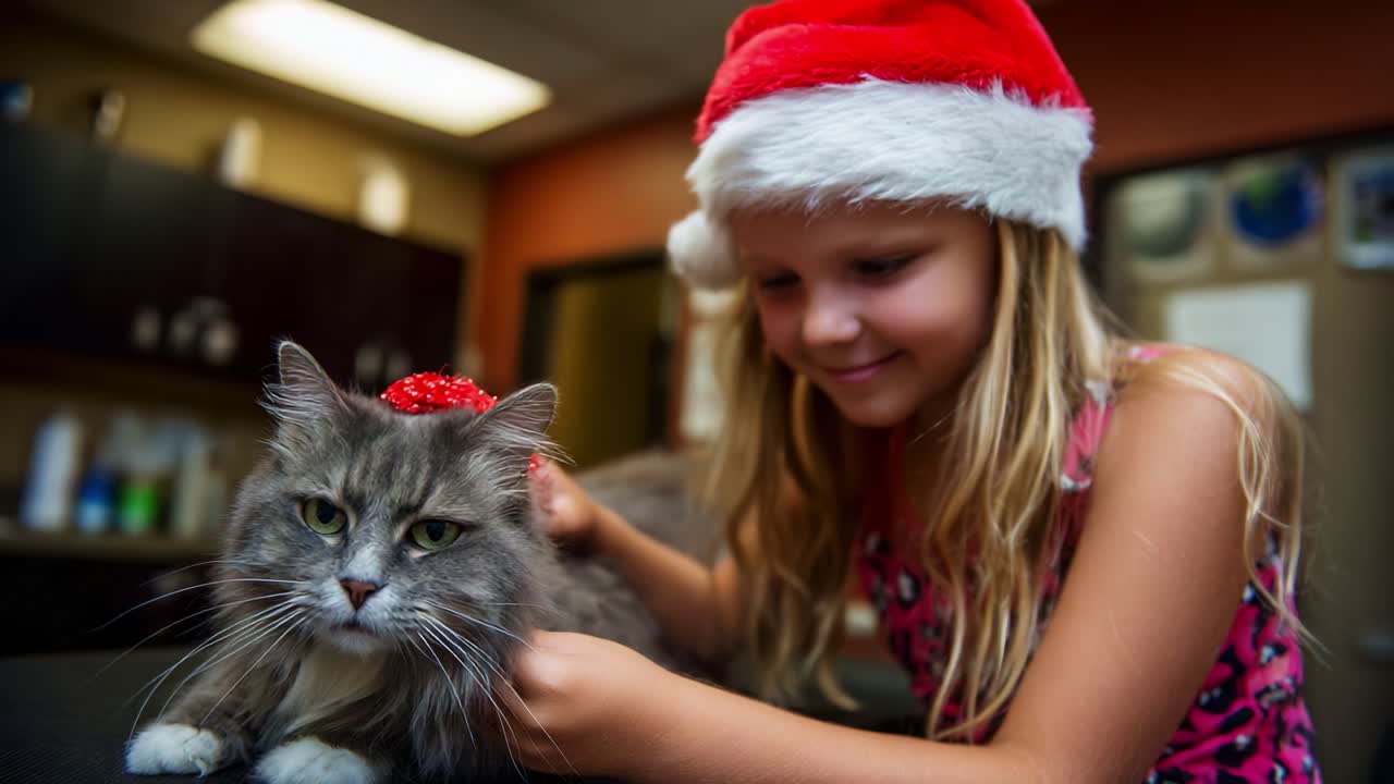 A Heartwarming Moment: A Young Girl Dressed for the Holidays Grooms Her Adorable Cat Wearing a Red Santa Hat, Showcasing the Spirit of Christmas and Joyful Bonding with Pets
