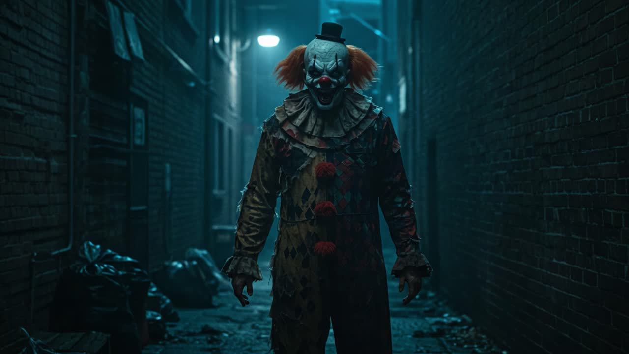 Eerie Encounter with a Sinister Clown in a Dark Alley - A Chilling Visual Experience of Fear and Intrigue in an Urban Setting