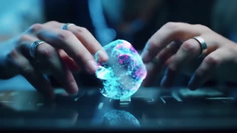 hands interacting with a hologram on a tablet