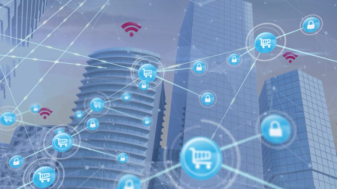 Appare un hub del carrello, che irradia collegamenti e genera nodi di blocco e carrello, mostrando collegamenti sicuri per la vendita al dettaglio