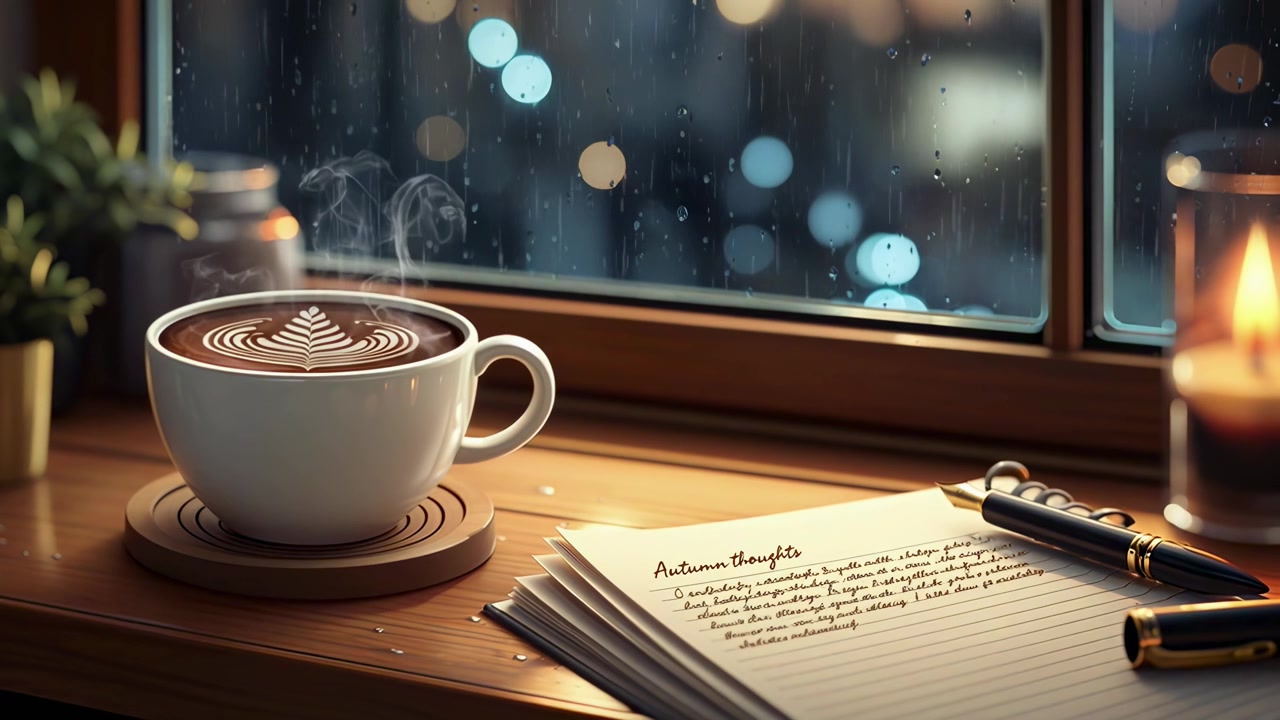雨の窓辺で温かいコーヒーと秋の思い